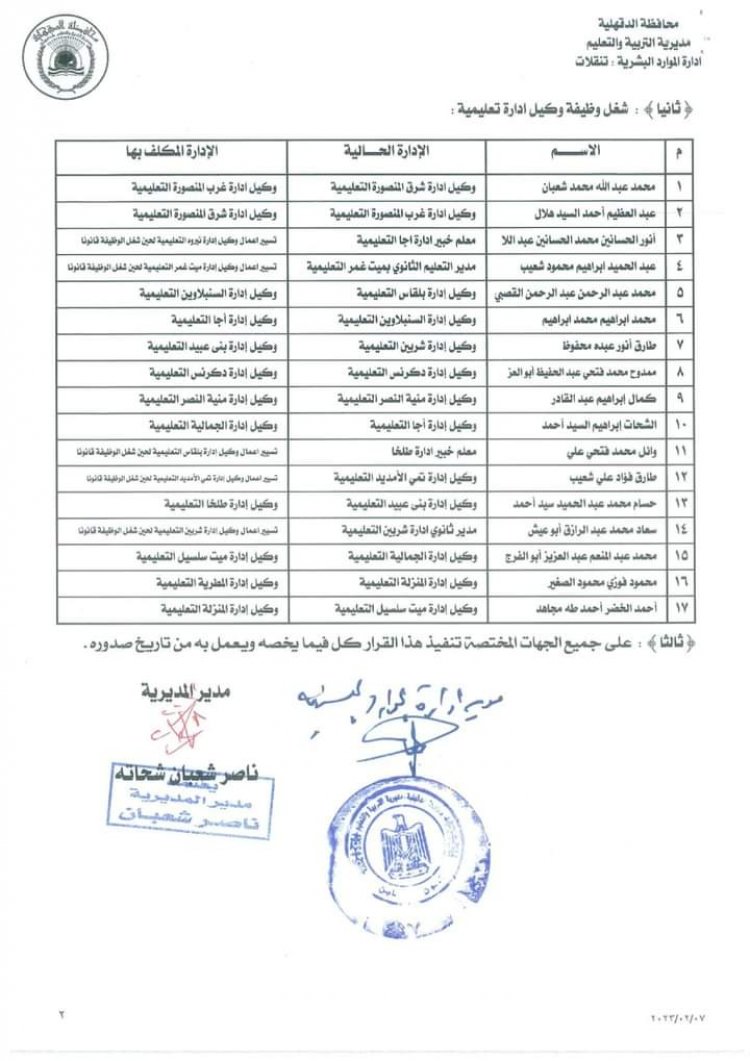 ننشر لكم حركة التغيرات الجديدة بين مديري الإدارات التعليمية بالدقهلية